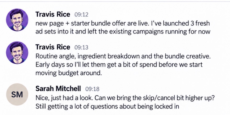 A weekly client update from Travis about new ads, a starter bundle offer, and landing page feedback