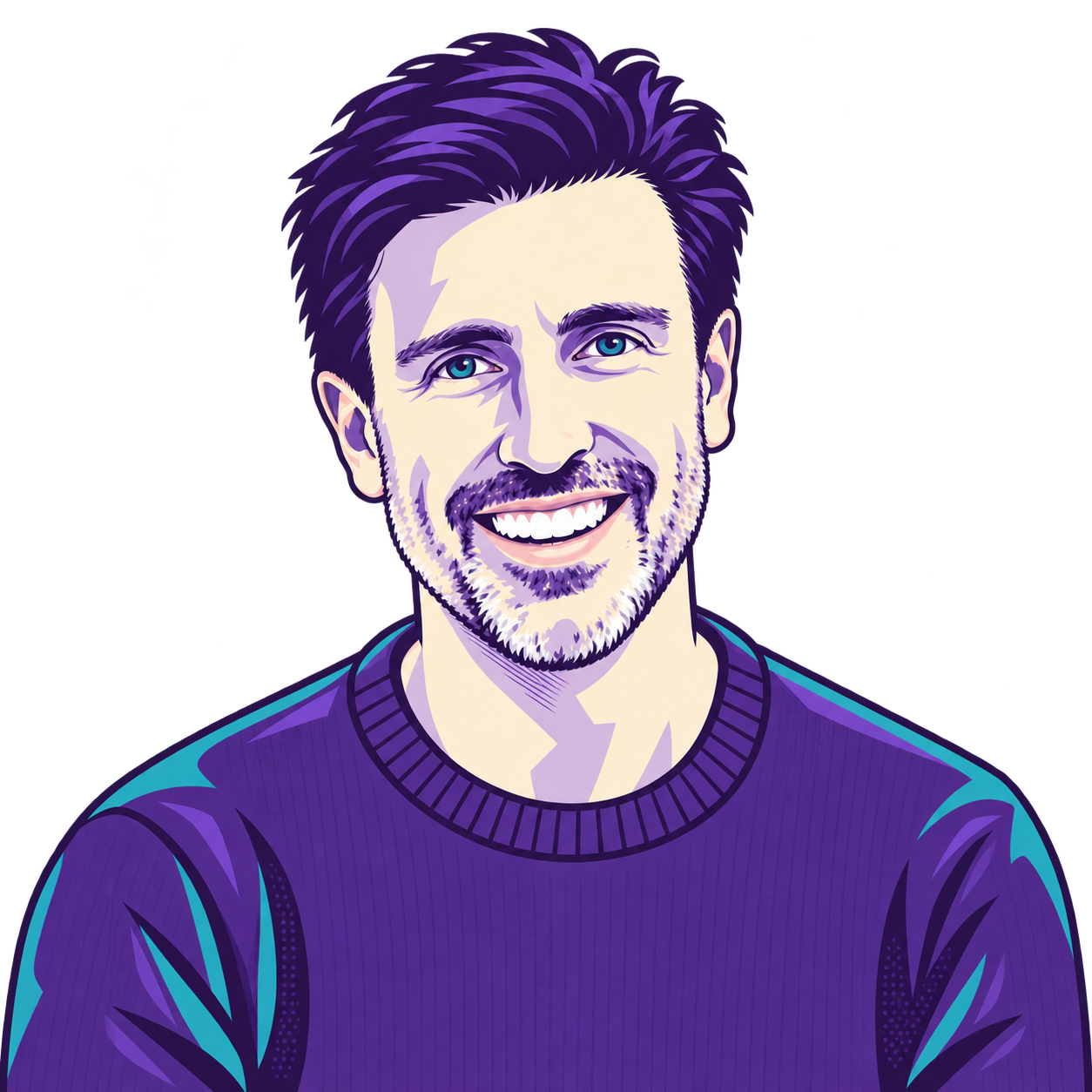 Illustrated portrait of Travis Rice in teal and purple